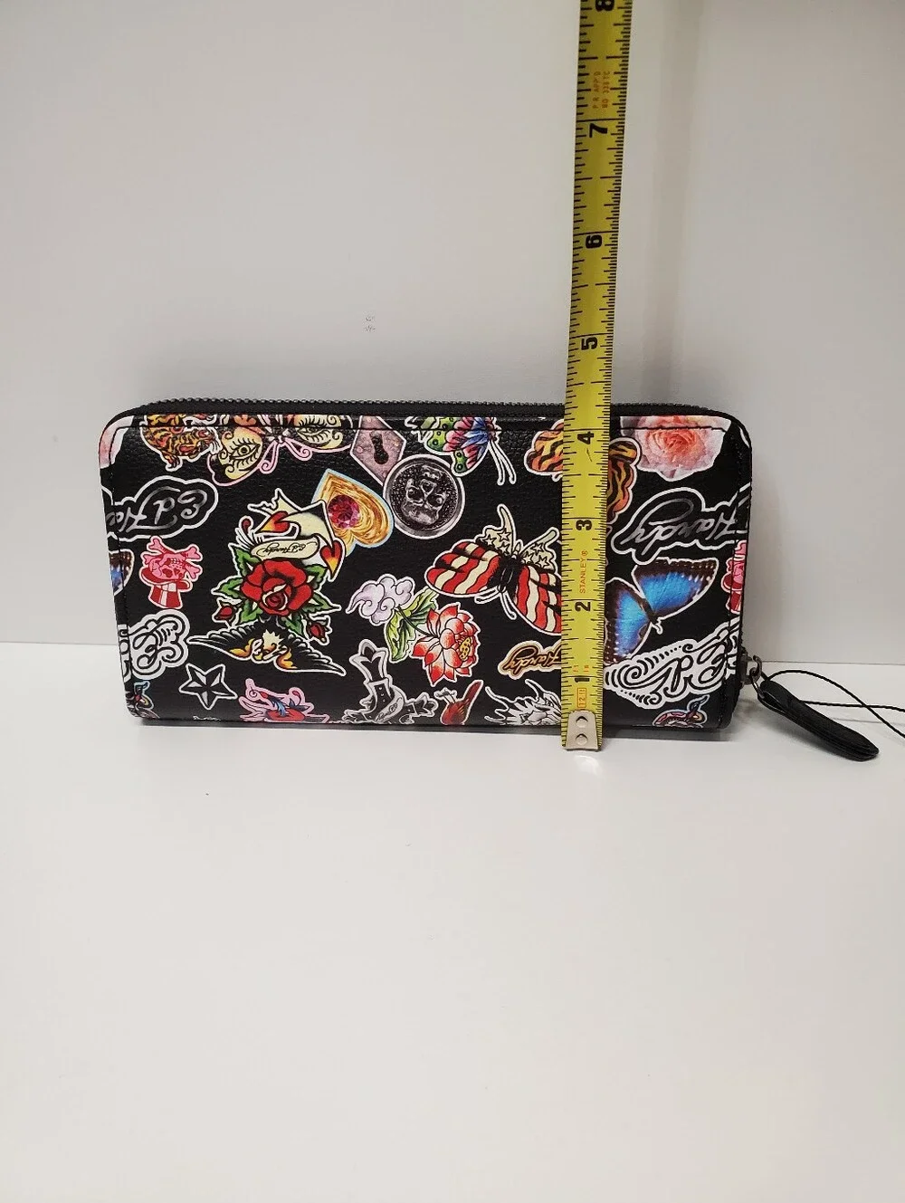 Ed Hardy Black Floral & Tattoo Zip-Around Wallet